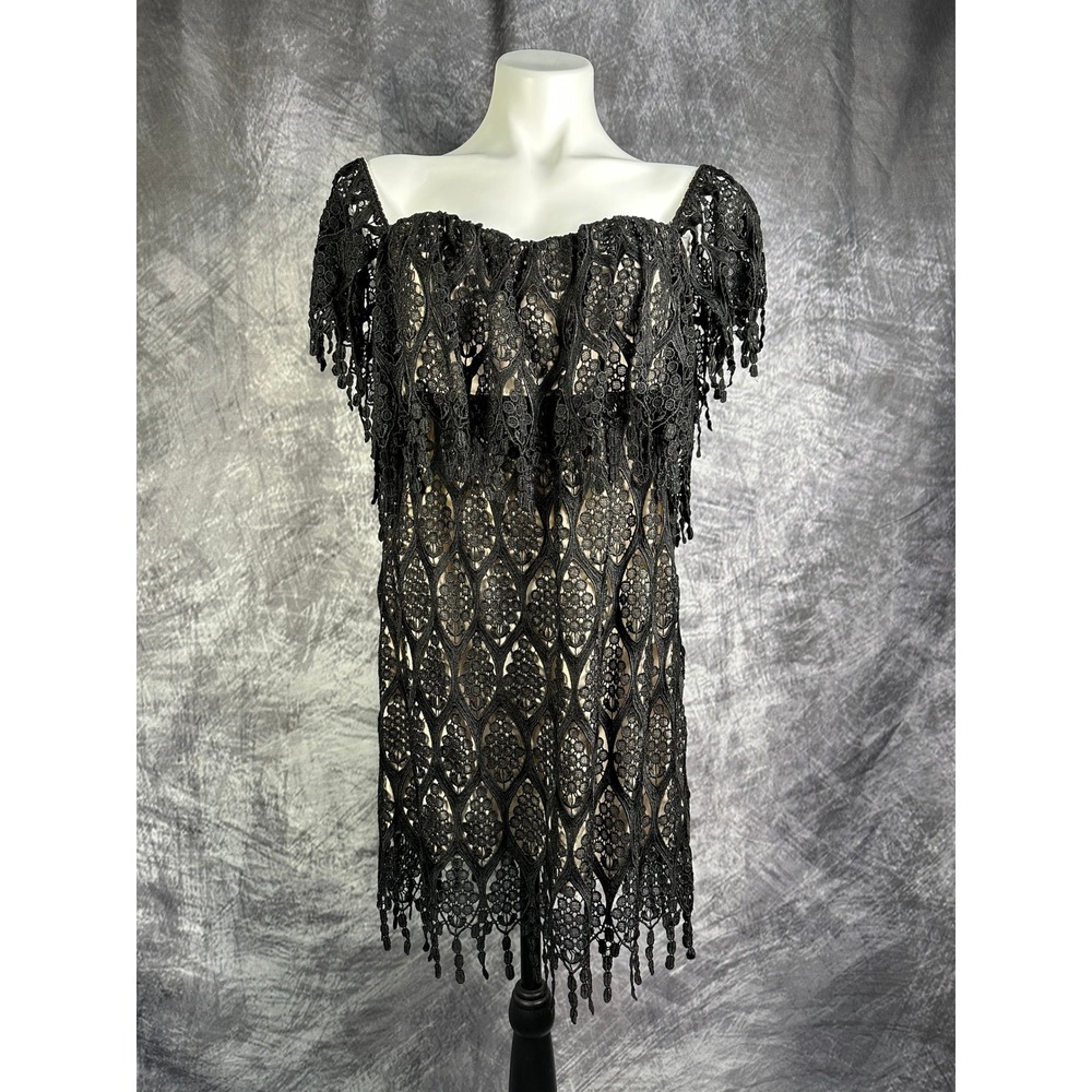 Stone Cold Fox Iowa Dress Women M/L Black Crochet Lace Fringe Off The Shoulder